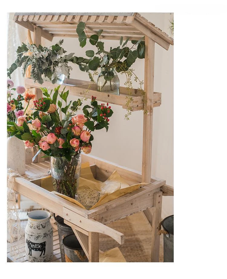 Rural And Pastoral Large Solid Wood Float Flower Rack Storage Rack Flower Shop Decoration Display Rack Multifunctional Mobile