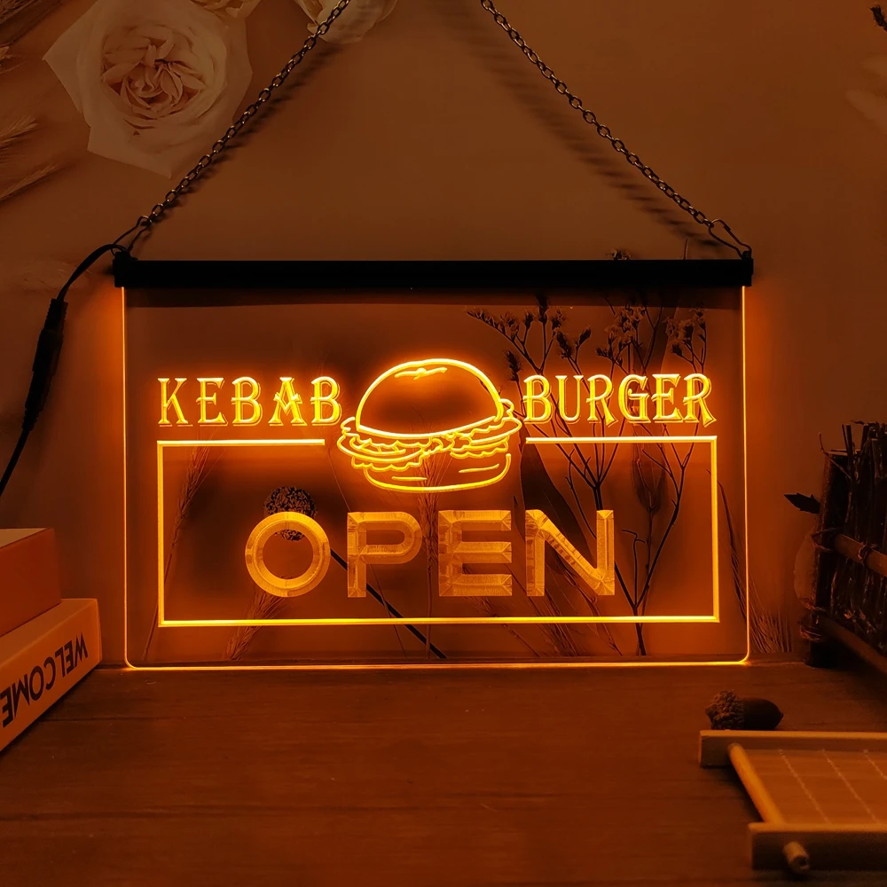 OPEN Kebab Burger Cafe Fast Food-3D tallado LED letrero de neón decoración del hogar pared boda creativa dormitorio escritorio