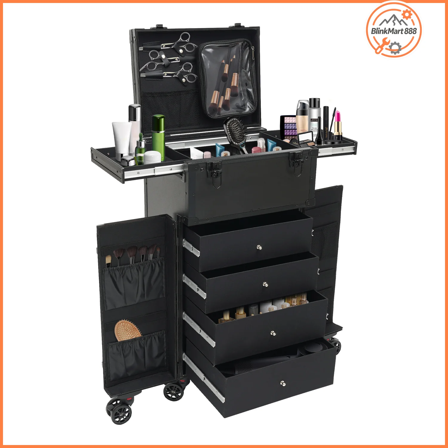 

Косметический чемодан на колесиках | Косметический чемодан-тележка большой вместимости 40*30*80 см | Чемодан для парикмахерских инструментов из алюминиевого сплава и АБС-пластика
