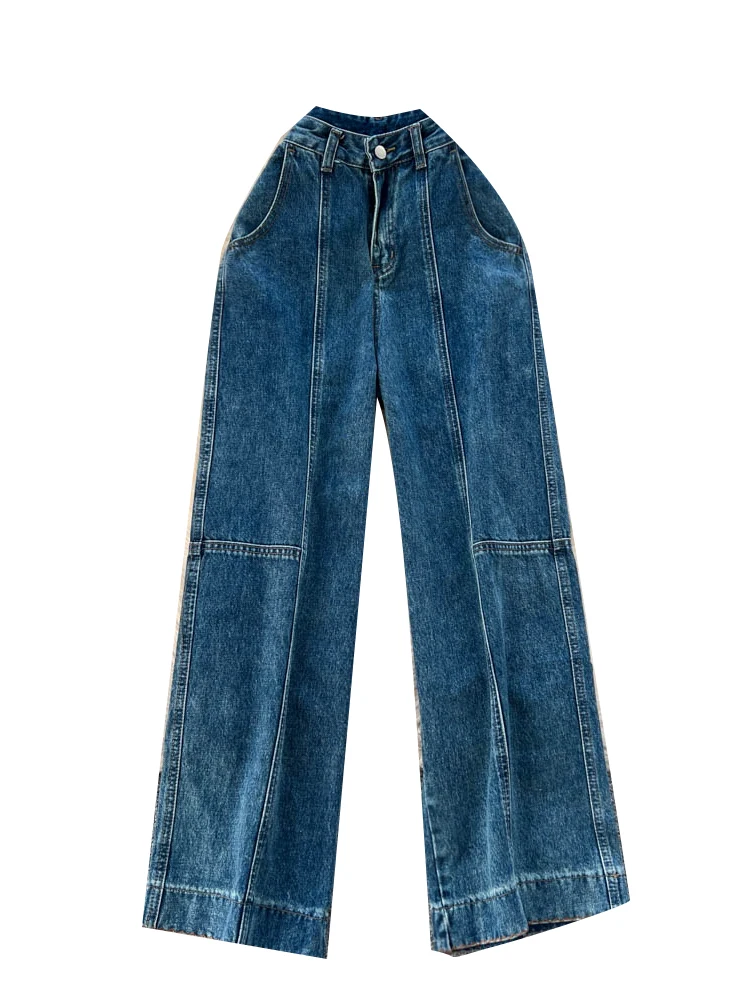 الرجعية هونغ كونغ Sle عالية الخصر واسعة الساق الجينز المرأة فضفاضة التخسيس الدنيم مستقيم الساق السراويل الخريف الشتاء تصميم Faion