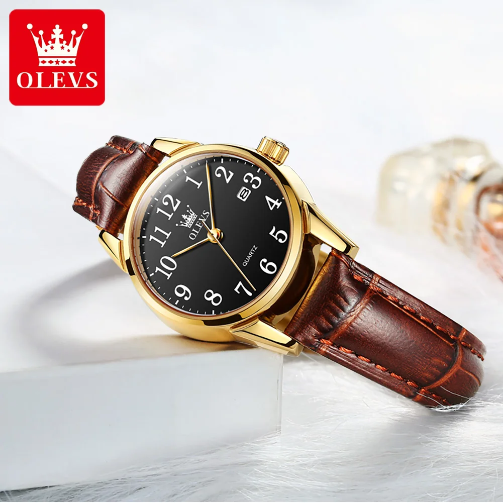 OLEVS Classic Quartz Watch for Women Brown Leather Strap Watch With Date Feature Digital Dial Waterproof Ladies Dress Wristwatch