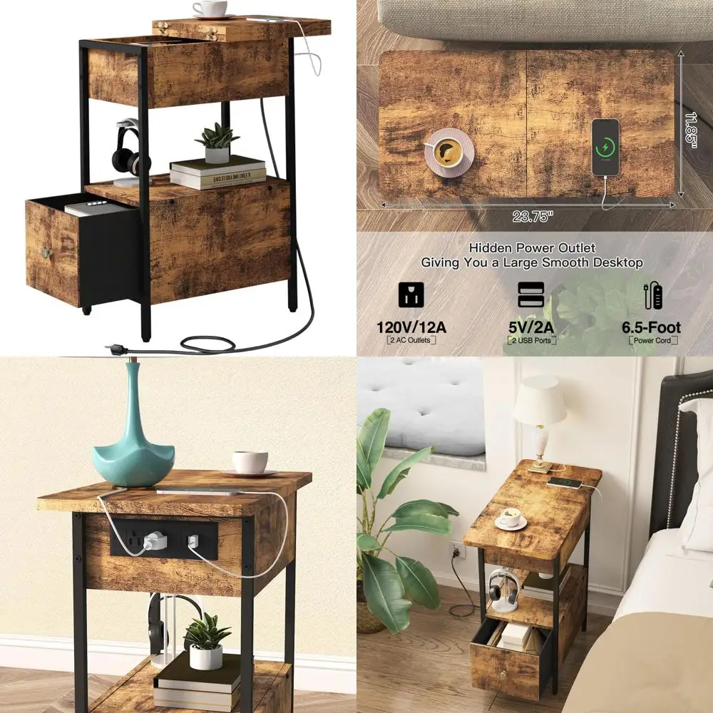 

Compact Rustic Brown Side Table with Flip-Top Cabinet and Fabric Drawer for Charging in Small Spaces