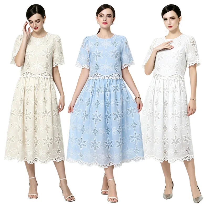 

Elegant round Neck Hollow Embroidery Top High Waist Skirt Two Piece Set Women's Fashion Summer Outfit Lightweight Polyester