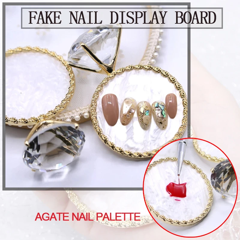 1PC Diamond False Nail Art Plate Tips Display Stand Golden Rim Agate Palette Nail Polish Gel Display Photo Props Showing Tools