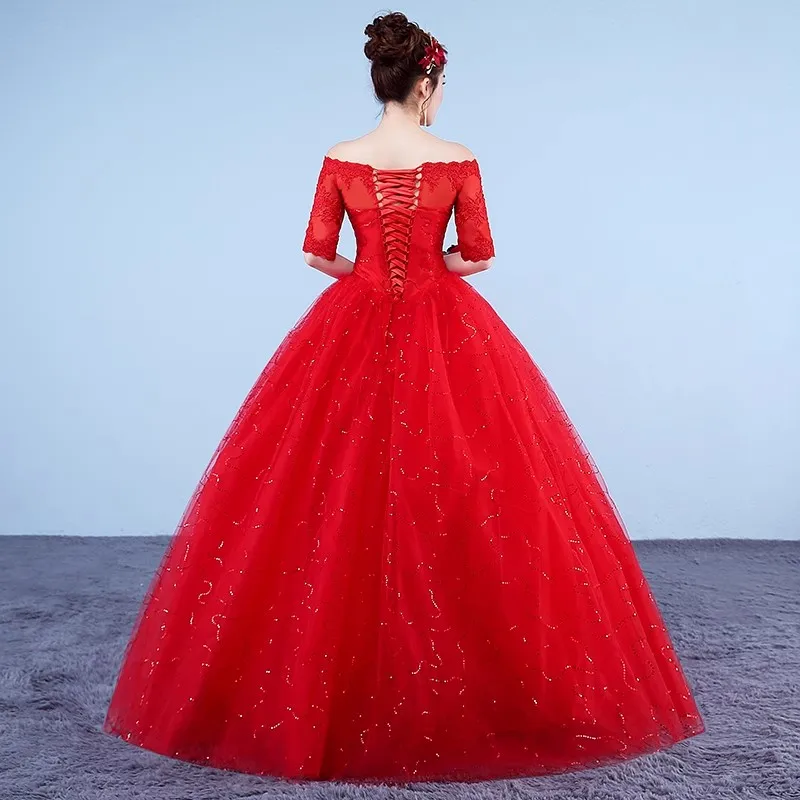 È yiya abito da sposa rosso semplice Appliques al largo della spalla mezza manica Bling principessa lunghezza del pavimento Plus size abito da ballo da sposa