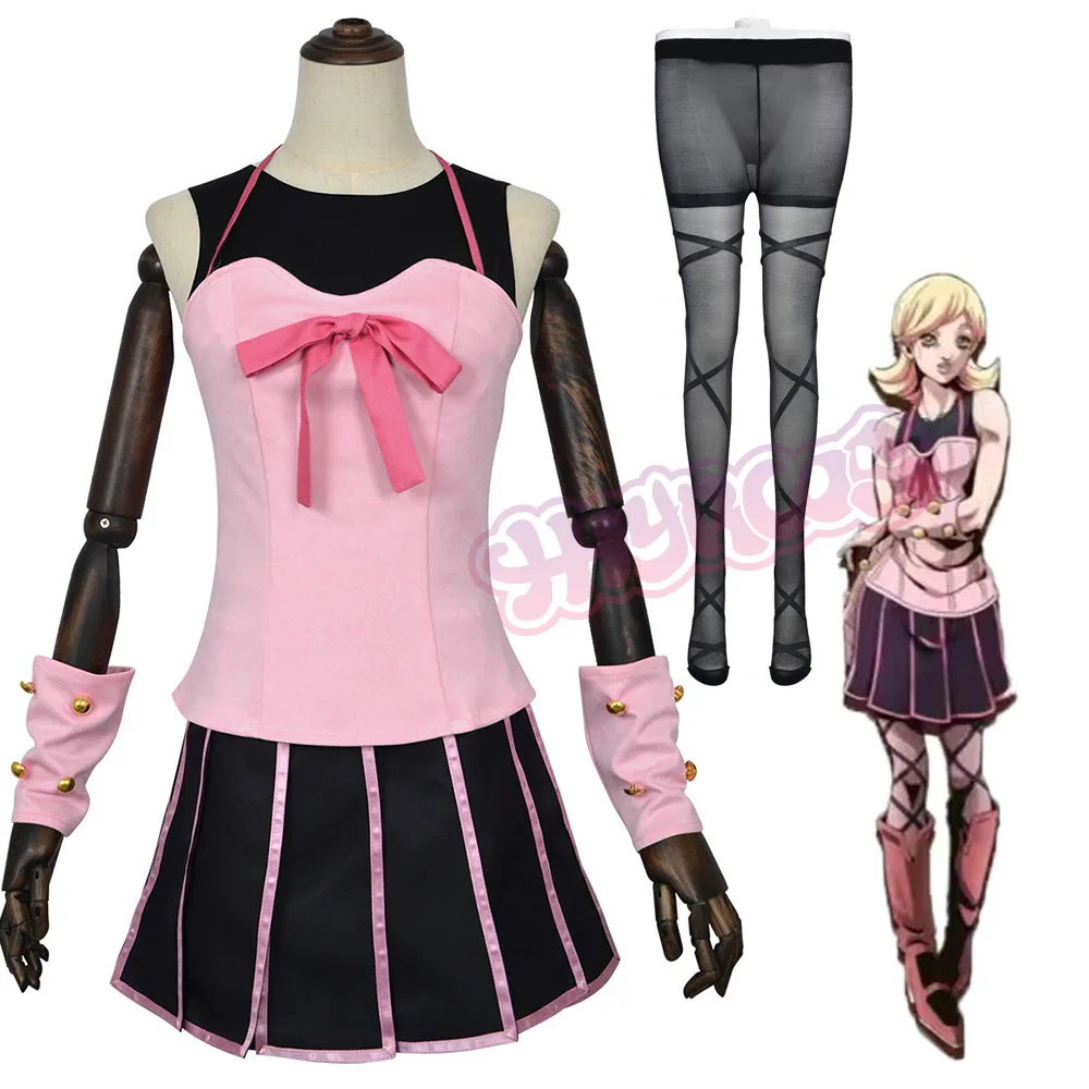 アニメルーシーコスプレアドベンチャー-sスティールボールランルーシースティールコスプレ衣装ピンクドレス-tシャツかわいいカーニバルスーツ靴下アクセサリー