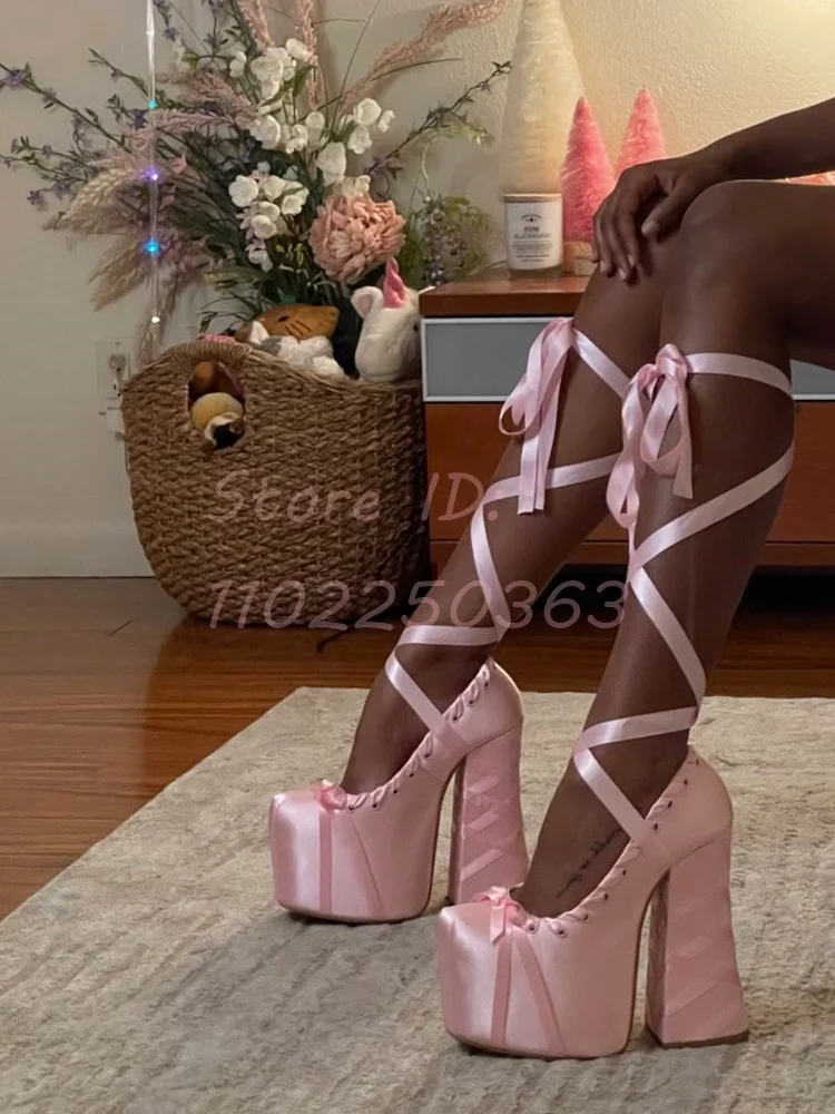 Lolita Sweet Strappy Platform Pumps Satin Round Toe Cross Ankle Strap Chunky High Heels Sandals Lady Party Dress Shoes 2024