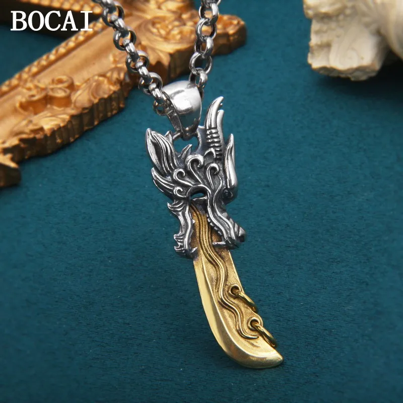 

BOCAI NewS925 Sterling Silver Retro Personalized niche Dragon Slaying Knife Dragon Head Green Dragon Yanyue KnifePendant for Men