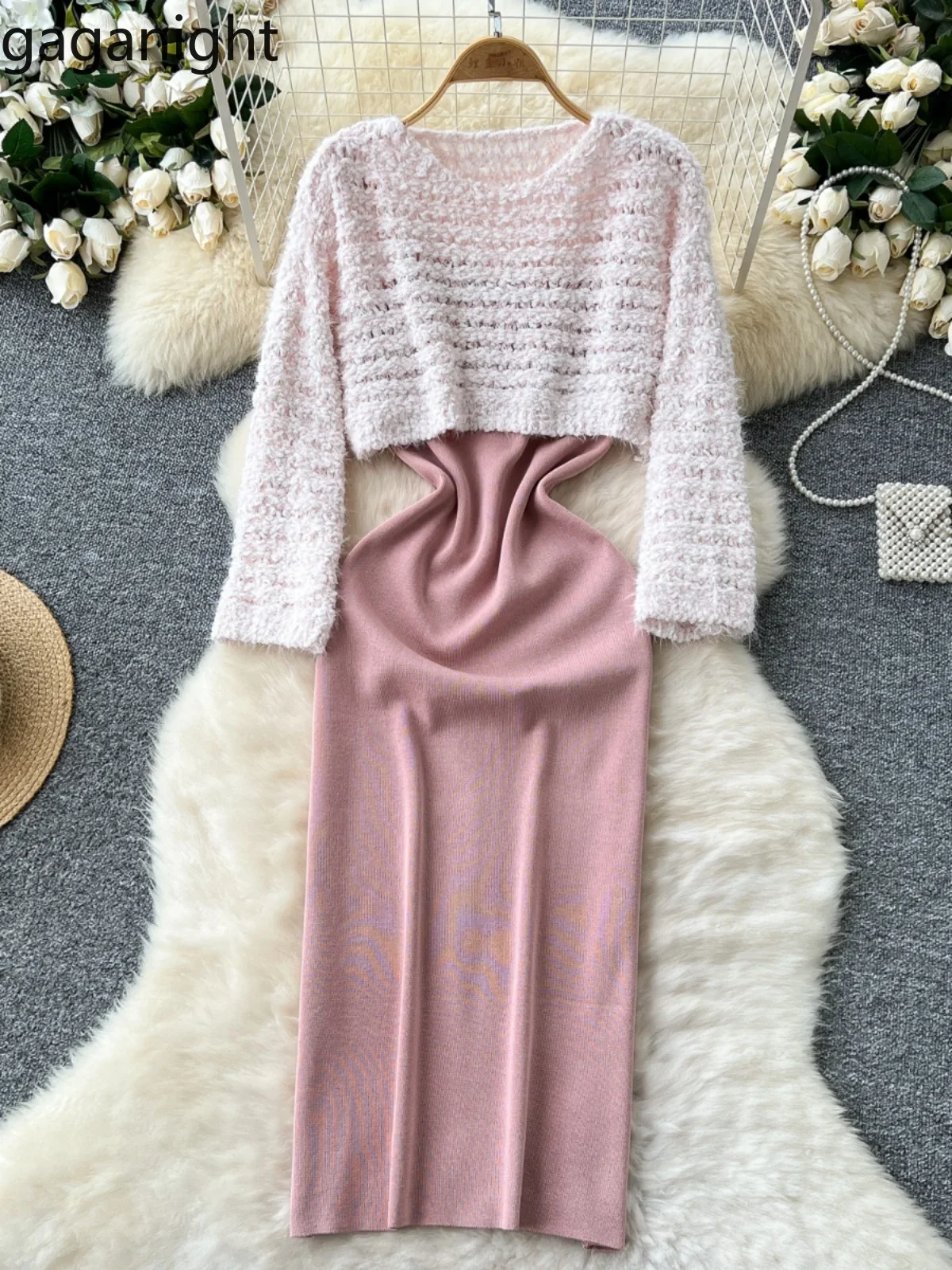 Gaganight Women French Style Layered Outfit Short Long Sleeved Plush Knitted Sweater 2024 New Base Suspender Dress Two piece Set