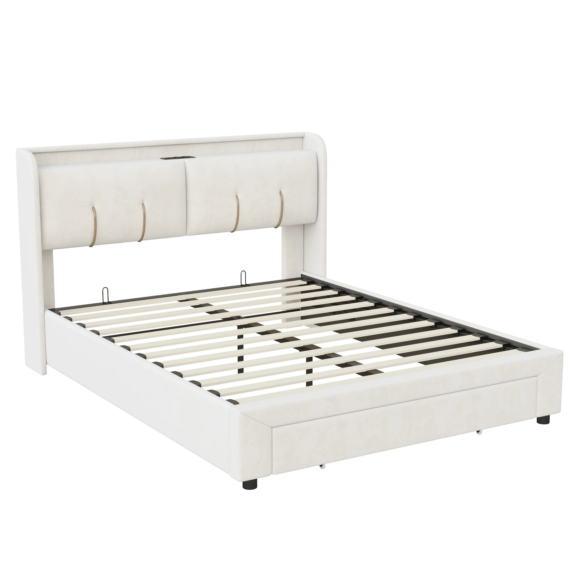 Anajqaqia 140×200/160×200cm gestoffeerd tweepersoonsbed, met LED-lichtstrip en 2 USB-oplaadpoorten, met 1 opberglade fluweel