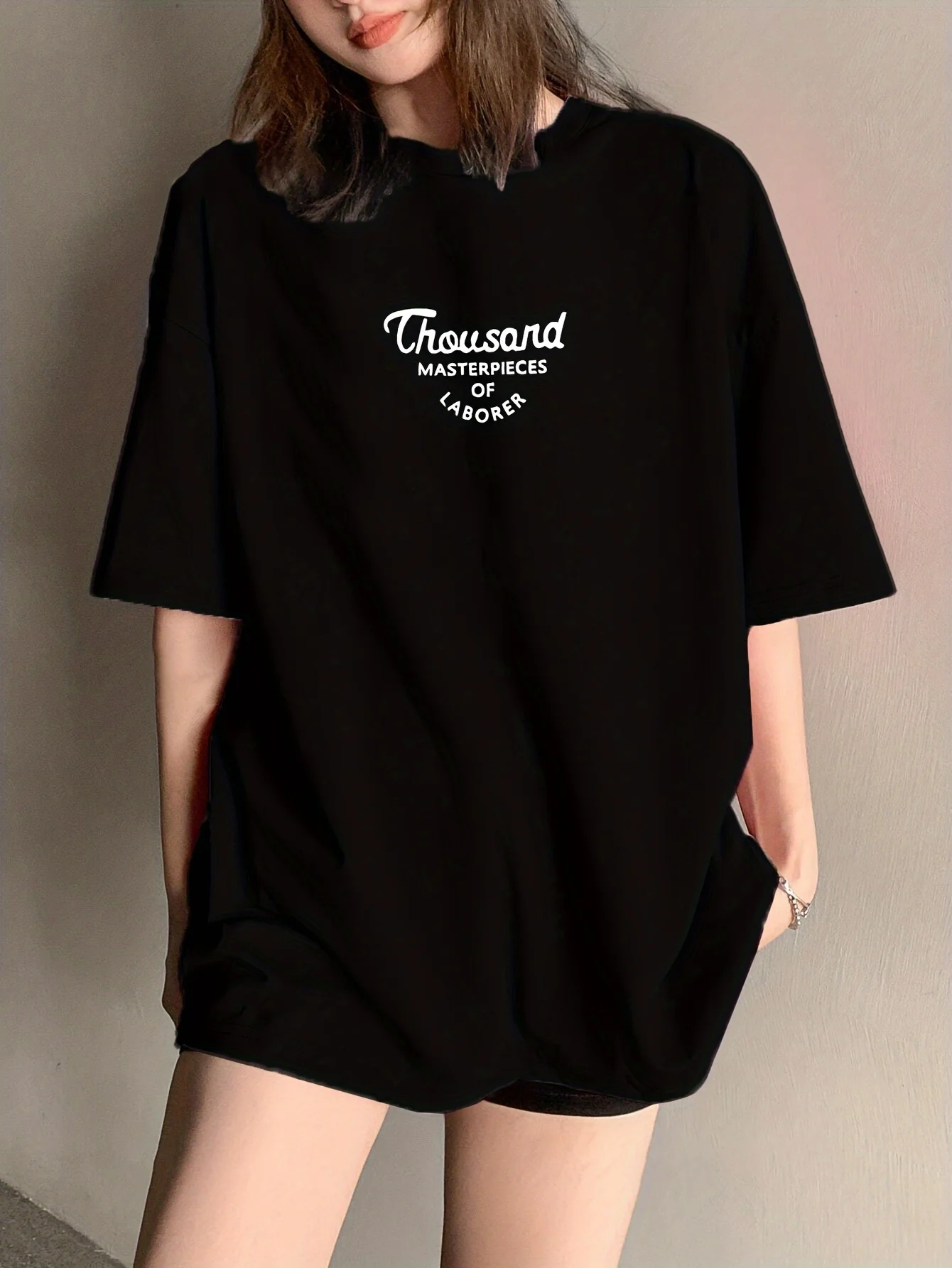 Women Crew Neck T Shirt Chest Thousand Masterpieces Letter Print Oversized Tees Soft Casual Tops For Ladies Daily Street Wear