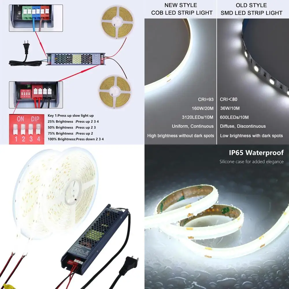 شريط إضاءة LED COB خارجي مقاوم للماء بطول 65.6 قدم، 6000 كلفن أبيض بارد، 11 وات/م، 312 مصباح LED/م، CRI 93 للمنزل والحديقة