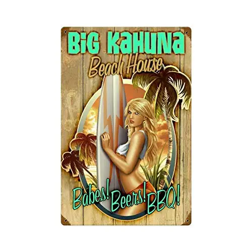 Vintage Big Kahuna Beach House Babes Beer and BBQ Pin Up Girl Home Bar Pub Kitchen Restaurant Wall Deocr Plaque Signs 12x8inch