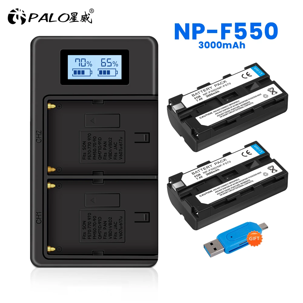 

PALO 1-4pcs NP-F550 NP-F330 NP F550 NP F330 Camera Battery + LCD Dual USB Charger for Sony NP-F550 NP-750 YONGNUO Camera Lights