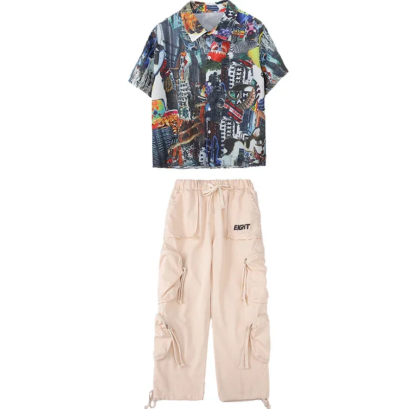 Perfect Hip-Hop Dance Handsome Jazz Dance Boy Girl Suit Hip Hop Dance Performance Must-Have Vintage Shirt +Cargo Pants +Vest