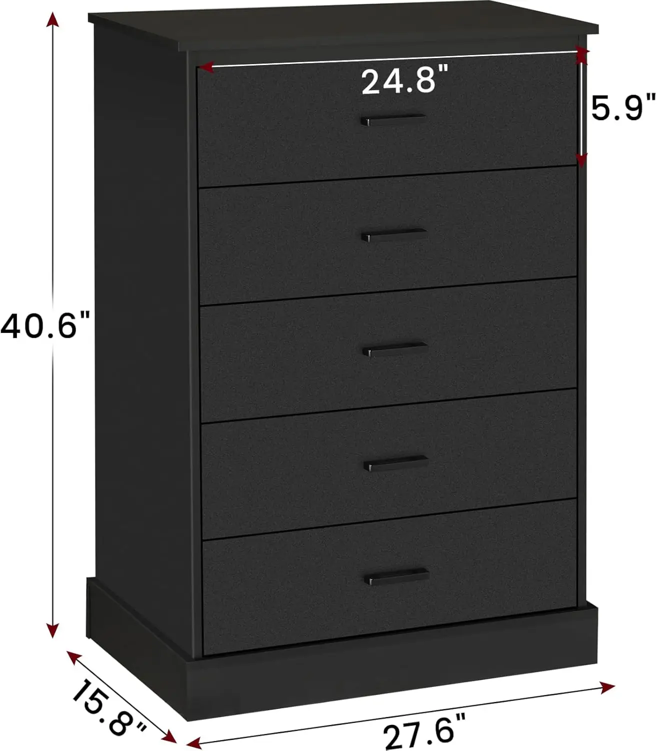 Armário preto com base resistente, 5 gavetas, Armário de armazenamento de madeira grande capacidade, Peito Alto de 5 gavetas