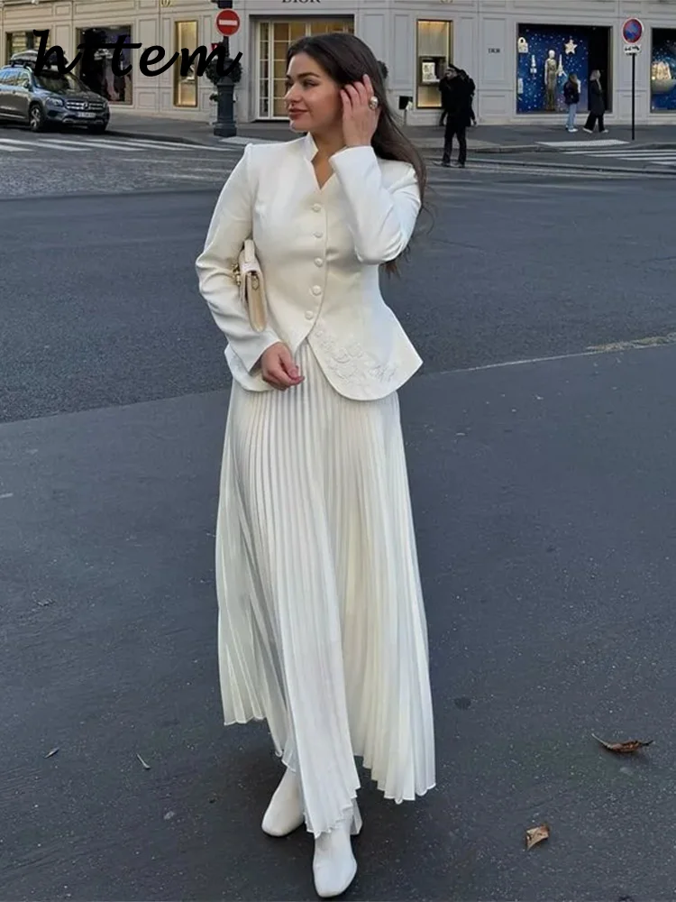 

Elegant Blazer Long Skirt Set Women Slim Stand Collar Single Breasted Jacket Solid Pleated Skirts 2025 Spring Lady Office Outfit