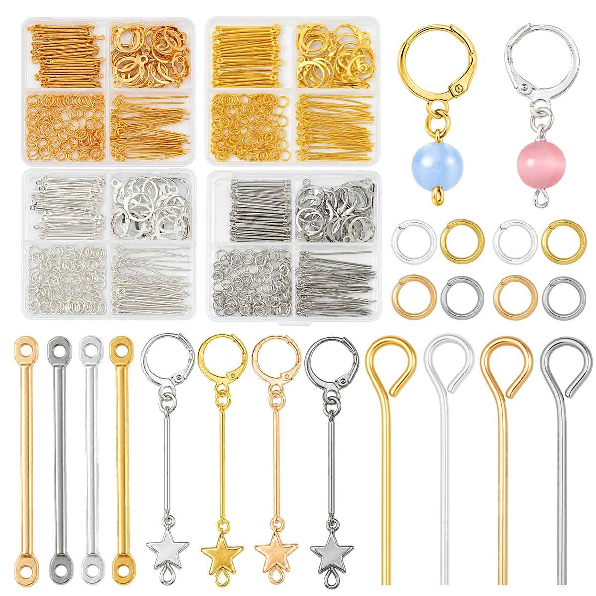 180Pcs/lot Boxed French Ear Hooks Double-holed Rods Jump Ring Nine-needle for Handmade DIY Beadwork Jewellery Making Supplies
