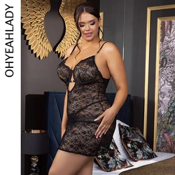 Ohyeahlady Women's Curve Mesh Nightgowns Lingerie Plus Size Floral Underwire Babydoll Sleepwear Sexy See Through Mini Nightdress