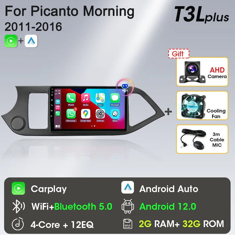 2 Din Android 12 Autoradio Carplay voor KIA PICANTO Ochtend 2 2011 2012 2013 2014 2015 2016 Multimedia Speler navigatie DVD Hoofd