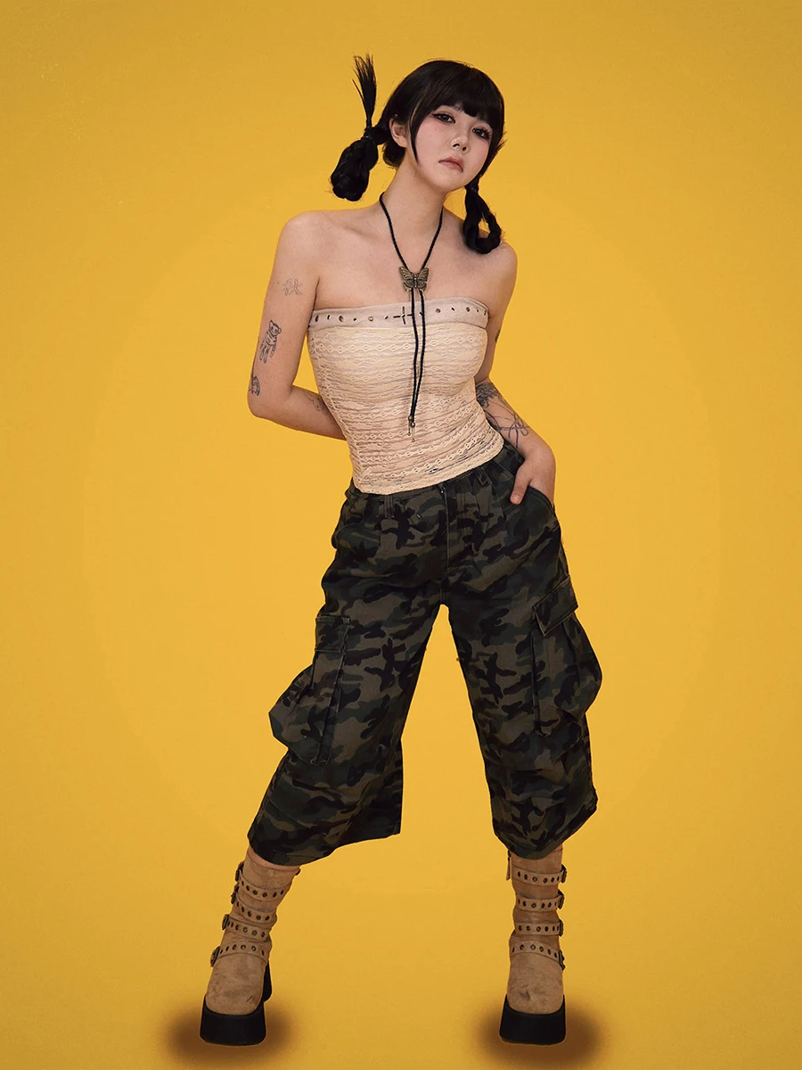 REDDACHiC Camouflage Multi-pocket Bermuda Pants for Women Retro High Rise Pleats Wide Leg Cargo Jean Shorts Harajuku Streetwear