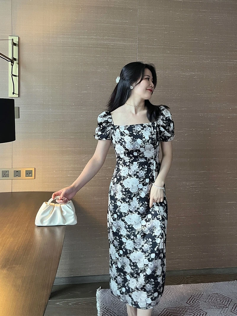 

Платье-трапеция больших размеров из шифона с винтажным цветочным принтом, приталенное, с квадратным вырезом, рукавами-фонариками и завышенной талией, весна-лето