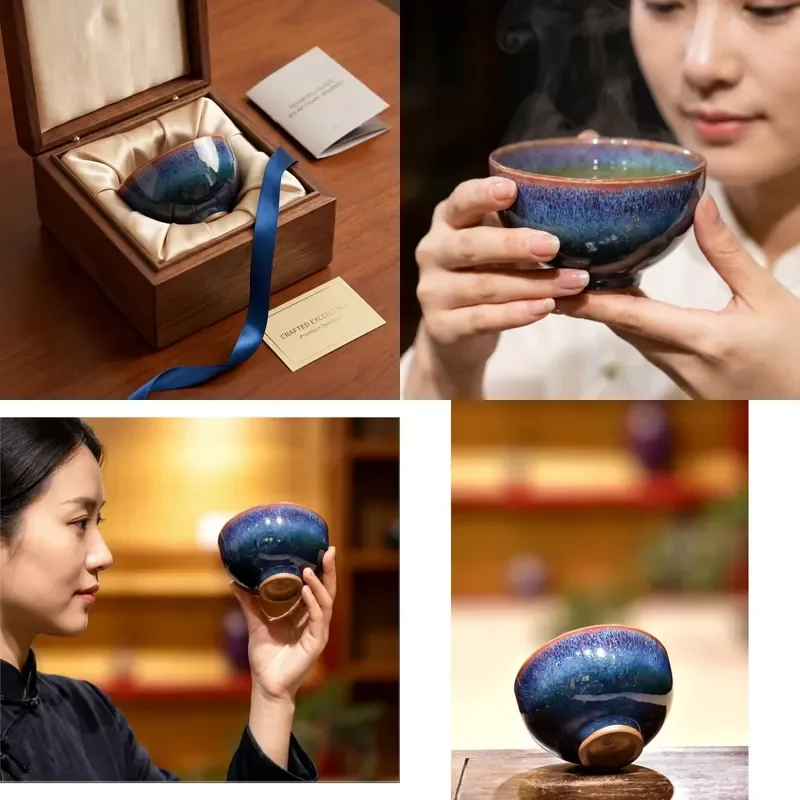 

【CHIMU HOME】 Handmade Jun Porcelain Ceramic Chicken Heart-Shaped Cup with Blue-Gold Glaze Heat-Resistant 80ML for Tasting