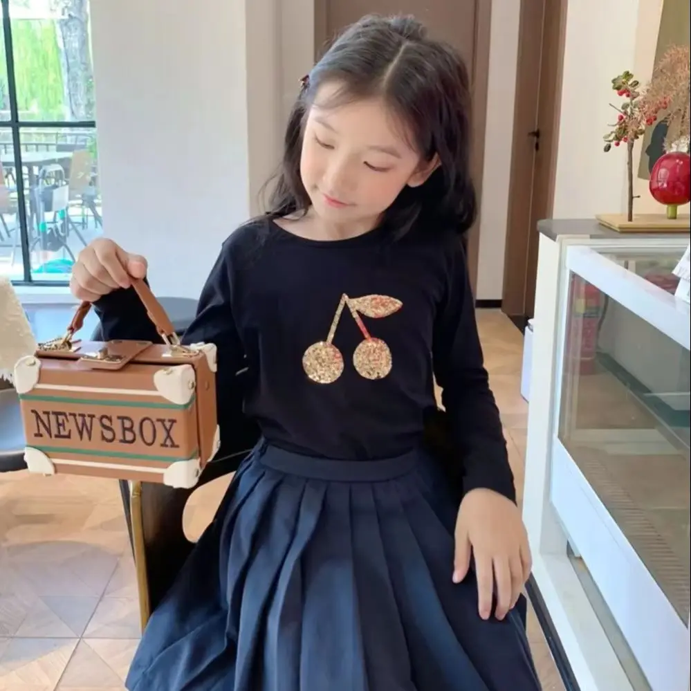 

kids tops girl clothes baby tops cotton Cherry Print Long Sleeve T-Shirt boys and girls pullover