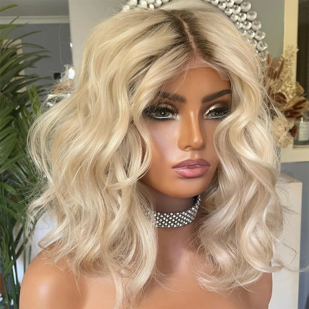 2026 Summer Wig Loose Deep Wave Bob Dark Roots Platinum Blonde Synthetic Lace Front Wigs Realistic Look Straight Wig for Women