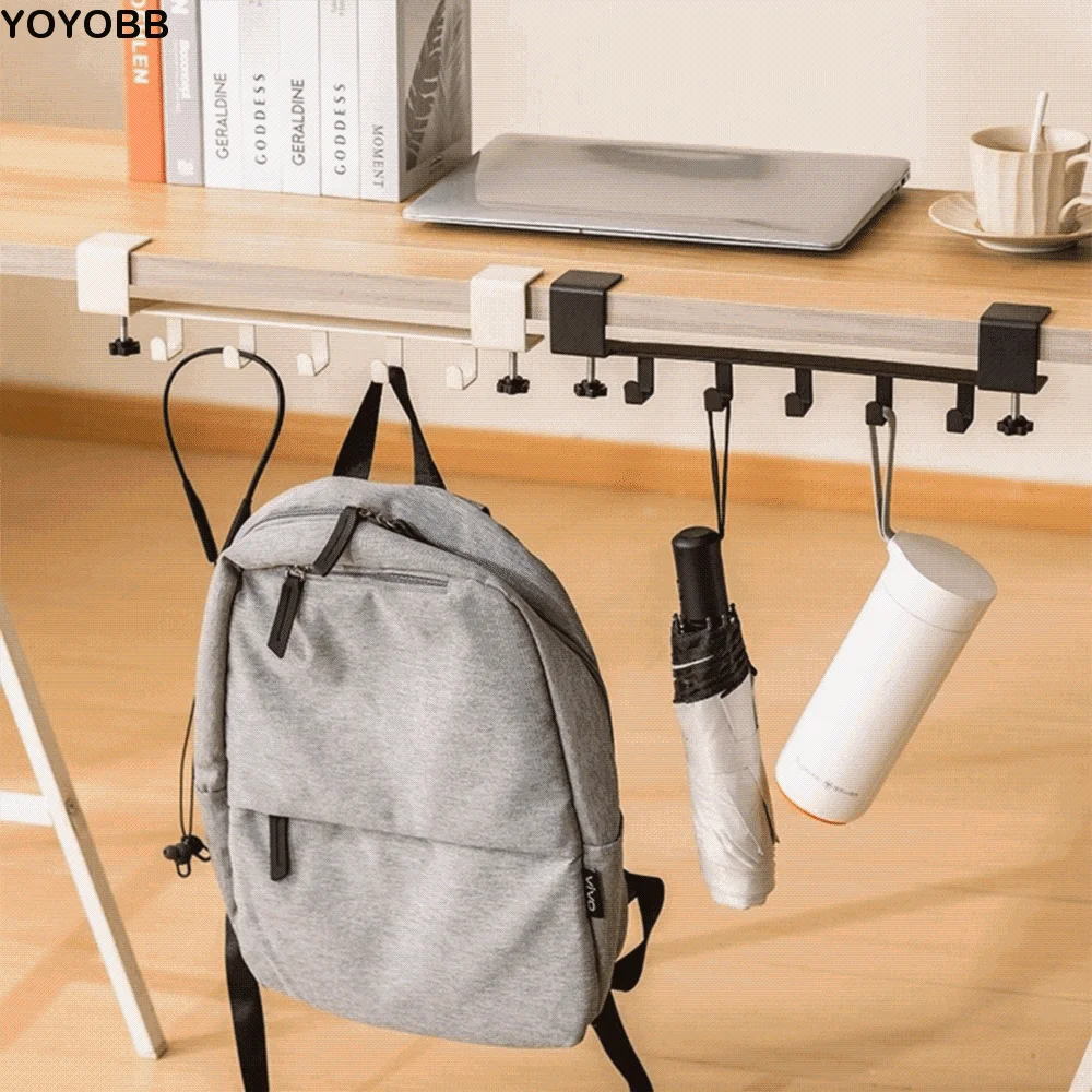 Carbon Steel Desk Side Mount Hook Adjustable 5 Hooks Desk Edge Backpack Holder Easy Install Removable Hanging Handbag Shelf