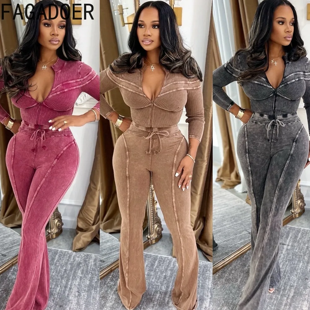 

FAGADOER модный ребристый комплект из двух предметов, женский укороченный топ и брюки на молнии с длинными рукавами, женская уличная одежда