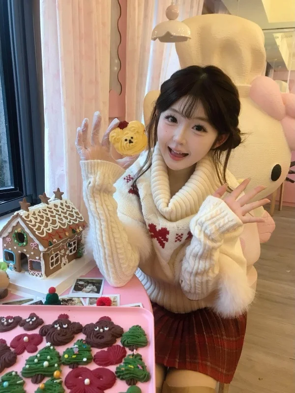 

Cisas, новогодний вязаный свитер с высоким воротником, женский зимний теплый белый трикотаж с очками, корейский повседневный свитер