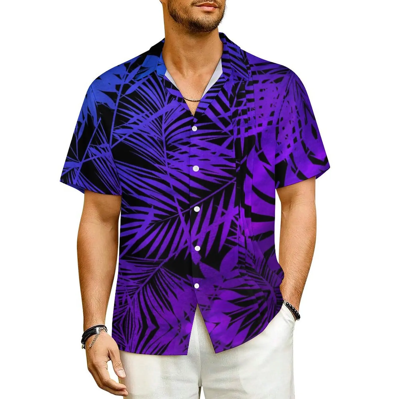 

Tropical Palm Leaf Hawaii Shirt For Man Beach Purple Ombre Casual Shirts Short-Sleeve Comfortable Design Trendy Oversize Blouses