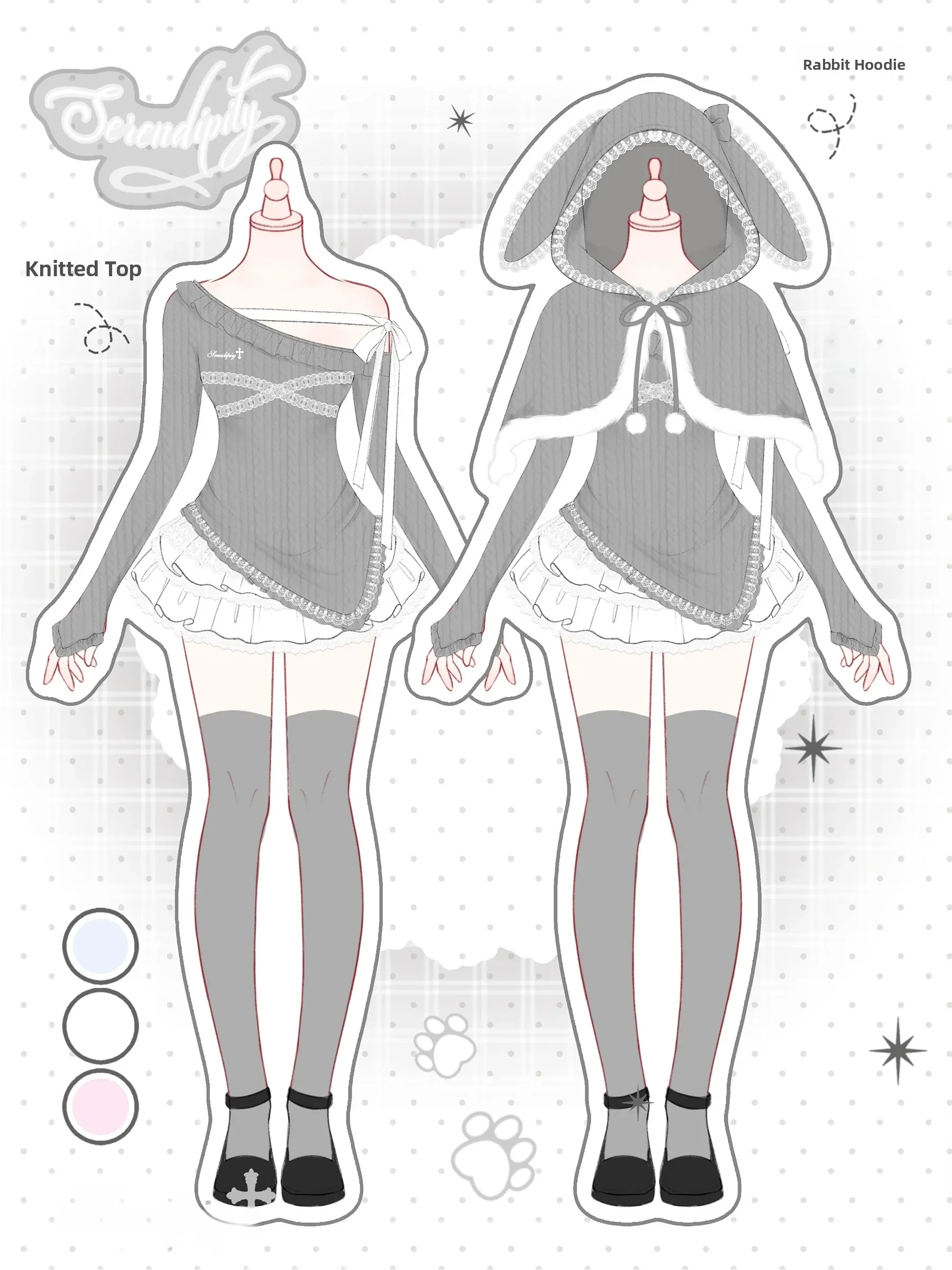 Gothic Style Short Skirt Set with Silver White Ballet Knitted Top Rabbit Cloak Cake Design Shoulder Bowed Long Sleeve Girls O...
