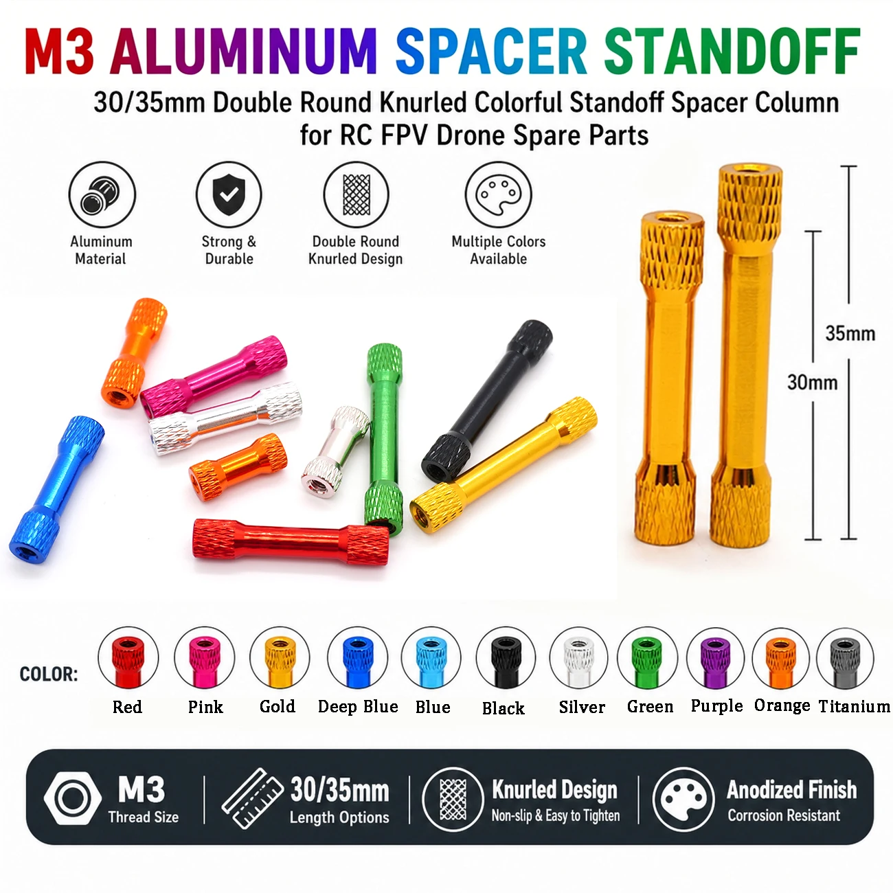 Colorful M3 Aluminum Spacer Standoff 30/35mm Double Round Knurled Colorful Standoff Spacer Column for RC FPV Drone Spare Parts