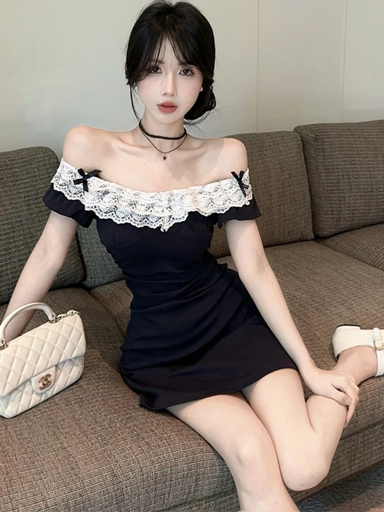 2025 Zwart Patchwork Kant Boog Slash Hals Sexy Mini Jurk Vrouwen Vintage Bodycon Hip Wrap Jurk Zomer Koreaanse Elegante Feestjurk