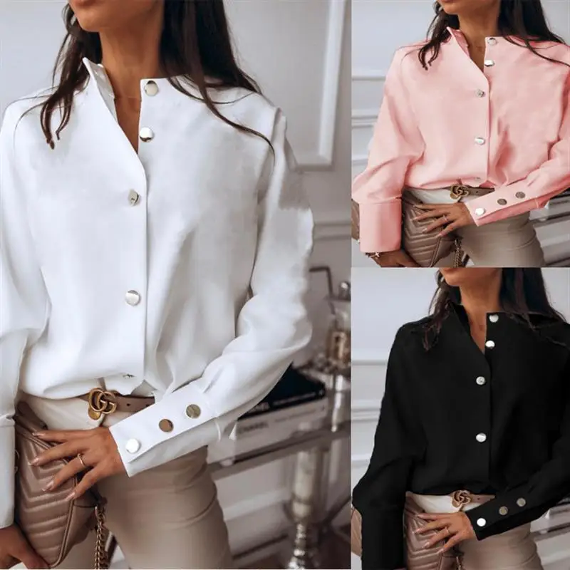 قميص نسائي أنيق بأكمام طويلة وطوق قائم وأزرار معدنية، تصميم نحيف وعصري، بلون نقي من الصين بدون علامة تجارية.