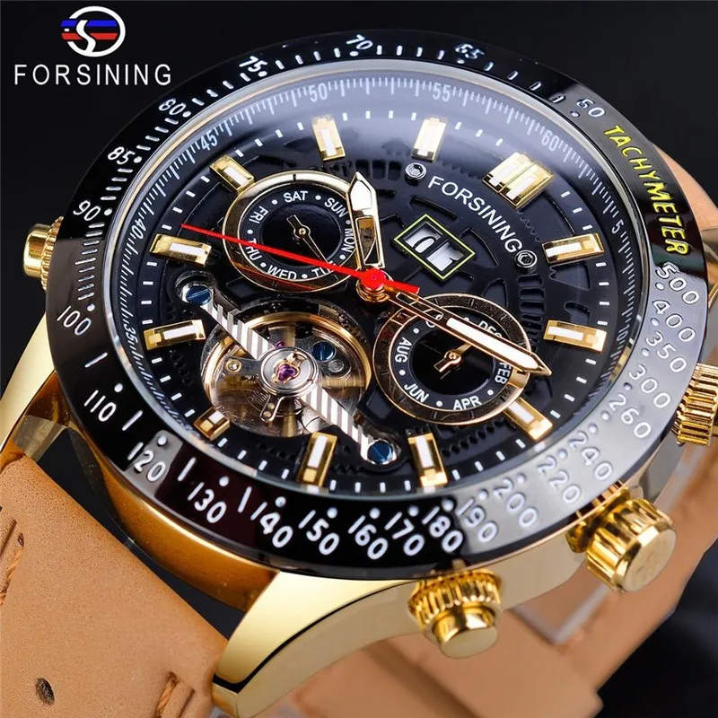 Fashion Forsining Top Brand Tourbillon Calendar Week And Month Display Multifunctional Genuine Leather Mechanical Wrist Watches