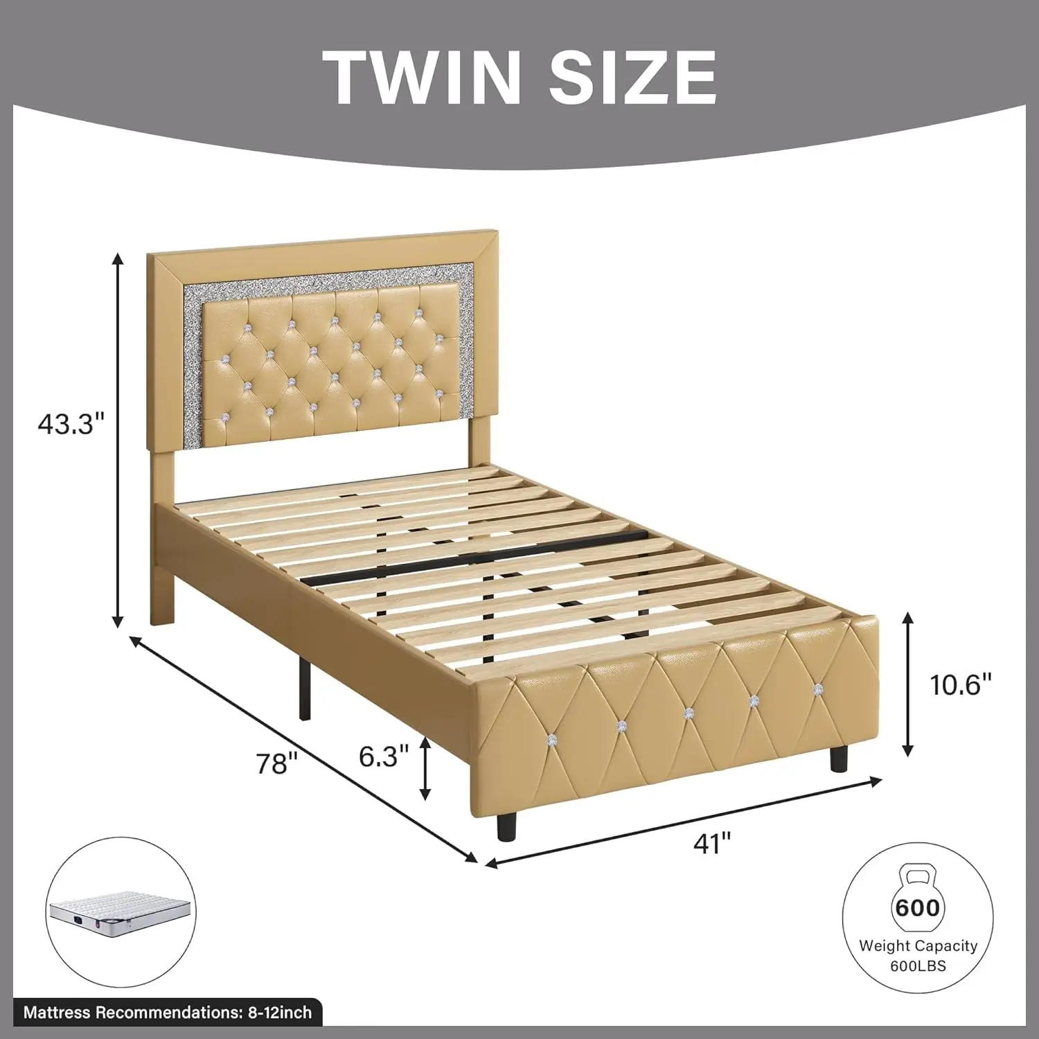 Twin Size Bed Frame, Upholstered Platform Bed with Button Tufted Headboard, Princess Bed with Diamond Design,