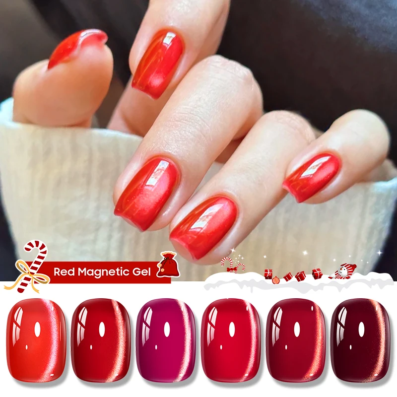 الأحمر القط المغناطيسي هلام طلاء الأظافر لأظافر عيد الميلاد الأحمر بريق الزجاج حبة تأثير شبه دائم نقع قبالة الأشعة فوق البنفسجية هلام الورنيش الأظافر #3