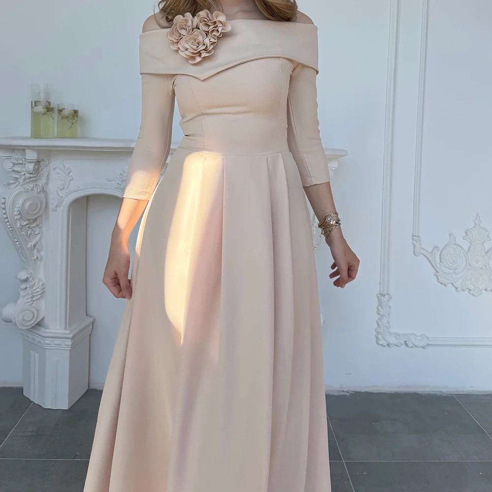 فساتين سهرة مخصصة على شكل حرف a بطول الكاحل قبالة الكتف ثلاثة أرباع كم فستان حفلات موضة الزهور ثنيات فستان الحفلات #4