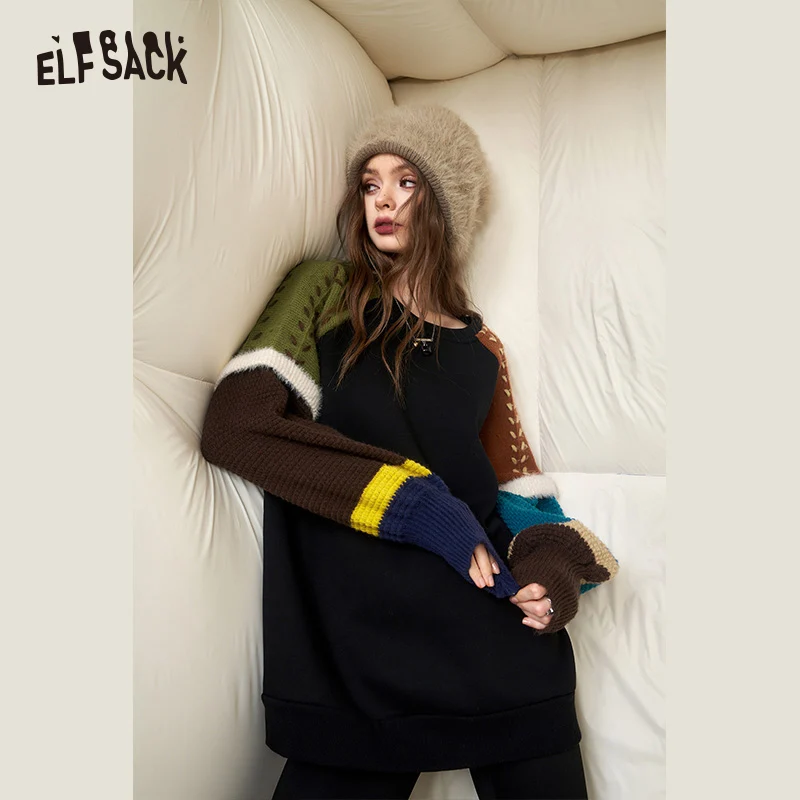 ELFSACK Korean Fashion Fleece Sweatshirt Women 2023 Winter New Spliced Plus Size Tops