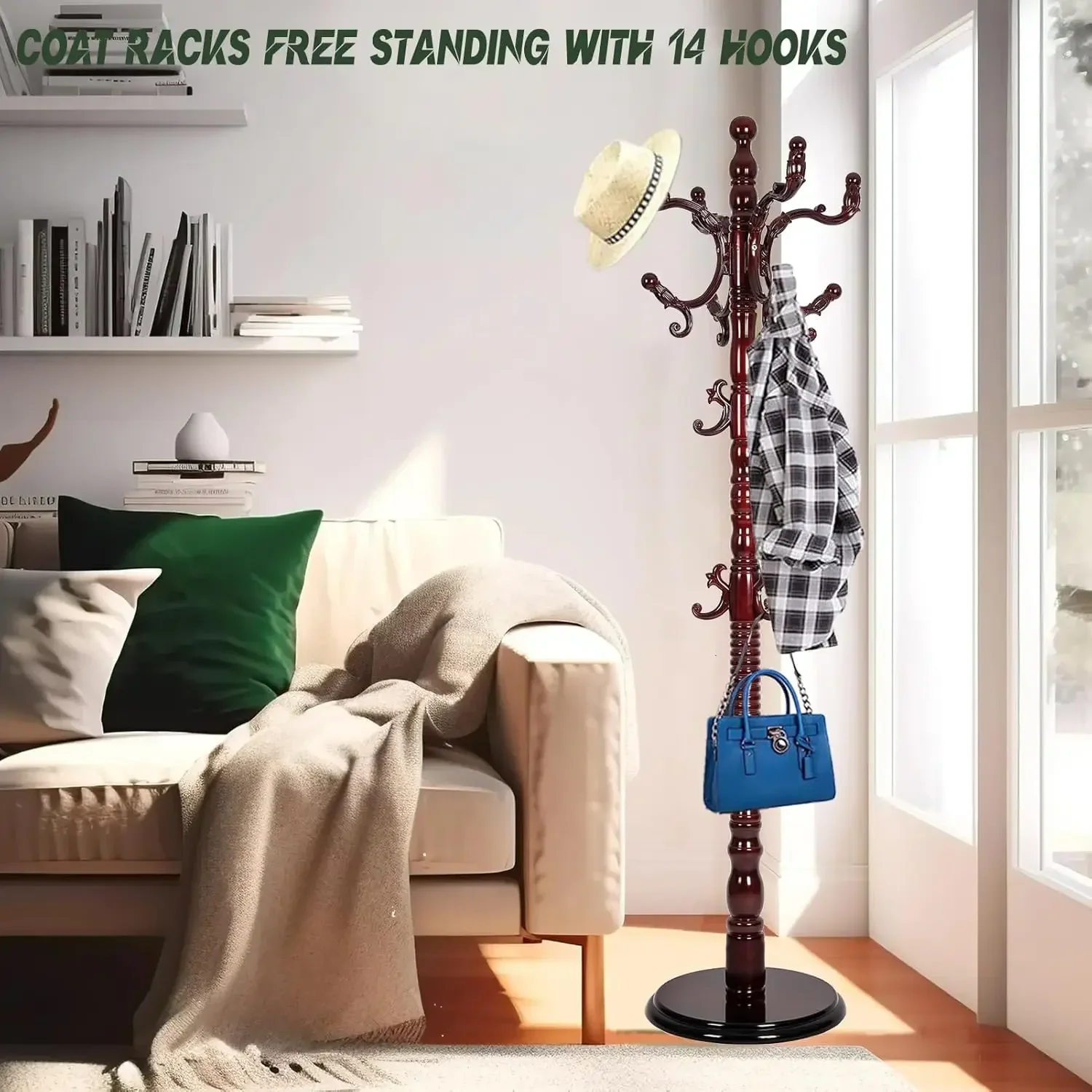 Coat Rack Stand,Coat Racks Freestanding With 14 Hooks And Solid Round Base Heavy Duty Adjustable Height Hall Tree Coat Rack for