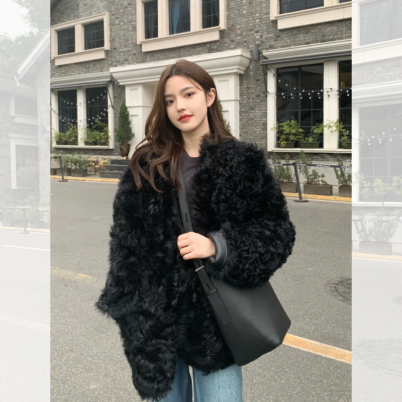 

Черное короткое пальто из овчины для женщин, осенне-зимнее, утепленное, из экокожи с мехом, V-образный вырез, длинный рукав