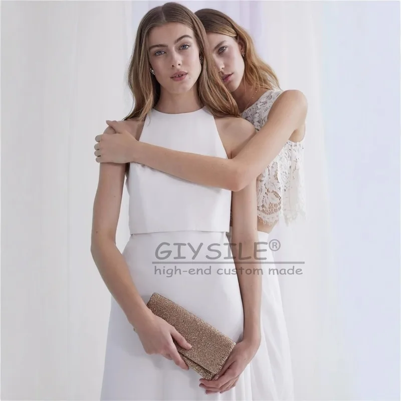 GIYSILE Personalizado Pendurado Pescoço Solto Top Slim Em Forma de A Branco Viagem Pat Light Moda Sexy Vestido de Noiva Sem Encosto Sem Mangas