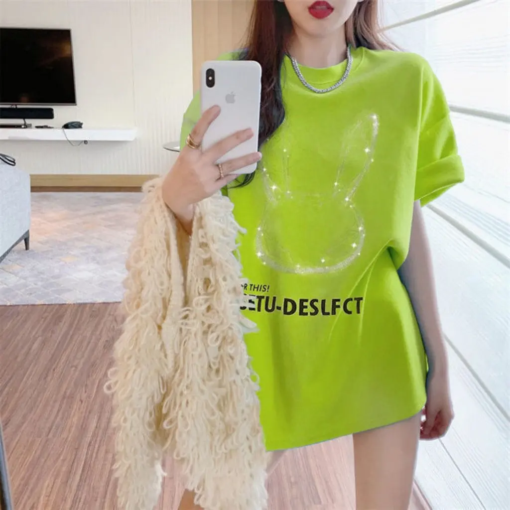 

Women's Short-Sleeved T-shirt Mid-Length Summer plus Size Loose Fit Trendy Ins Heavy Industry Hot Drilling Top