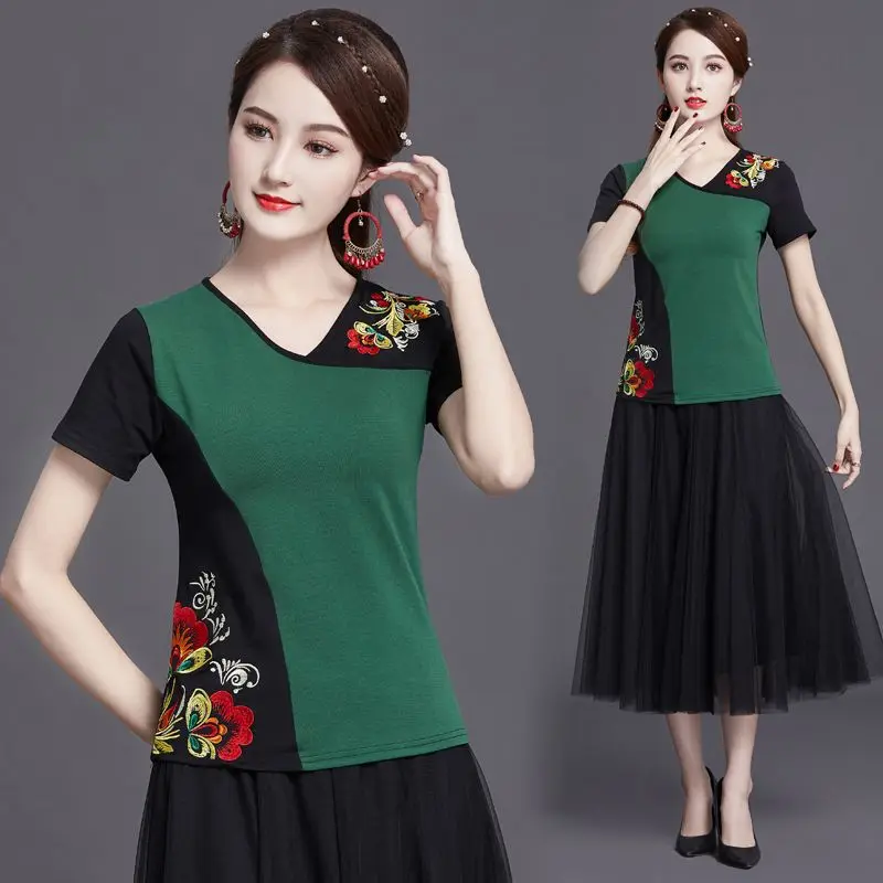 

Cheongsam women's plus size tops 2024 Summer cotton blend embroidery splicing V-neck short sleeve Chinese style qipao shirts