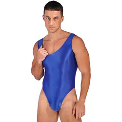 Men's Stretchy Glossy High Cut Bodysuit Swimsuit Swimwear Tight Showing Muscle Oil Thongs Leotard Jumpsuit for Sports Workout