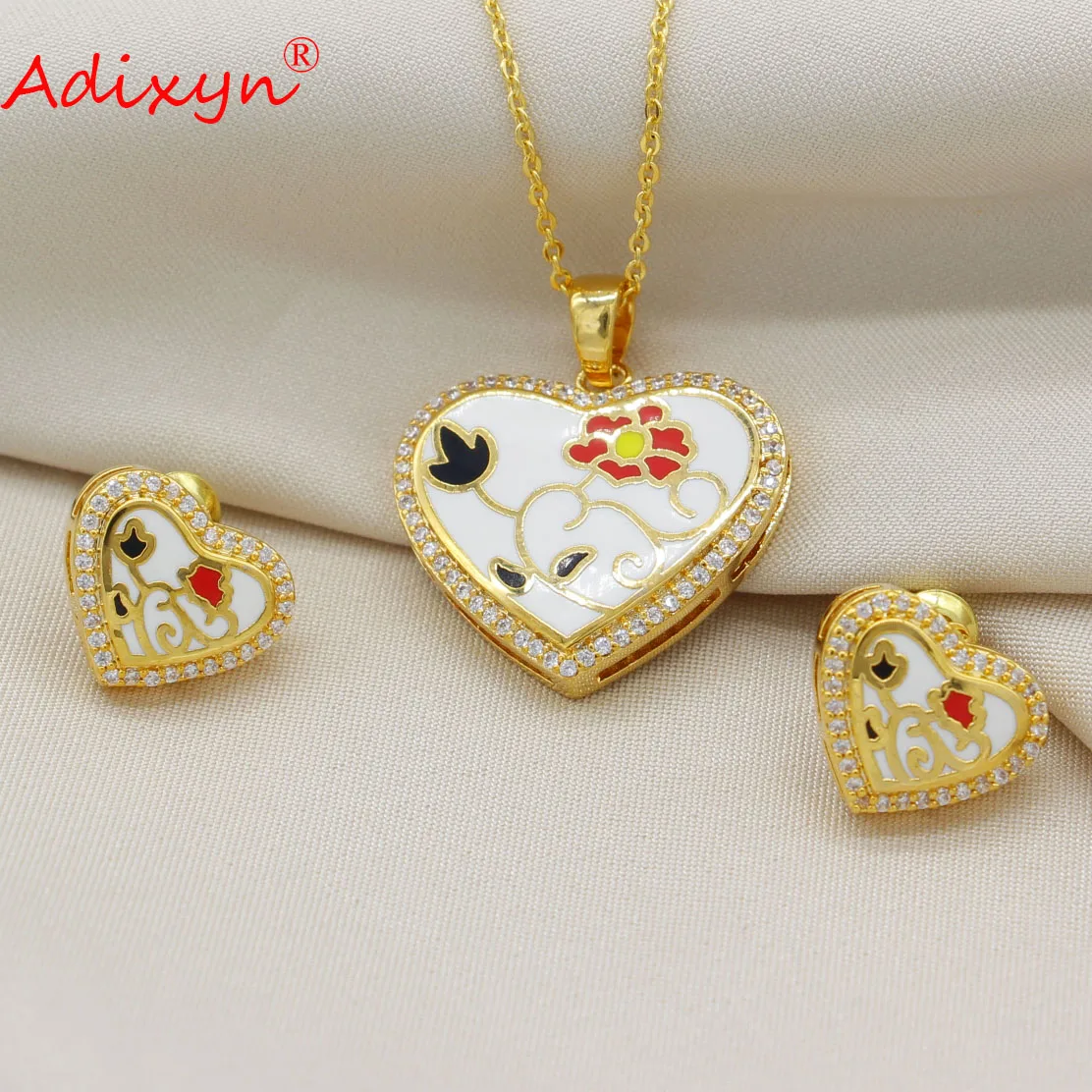 Adixyn Necklace Heart Pendant Earrings Set Brazilian Nigerian Necklaces Gold Plated Wedding Bridal Enamel Jewelry Sets for Women