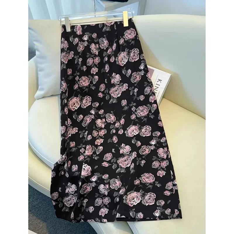 

Новая французская юбка с цветочным принтом, женская модная атласная юбка трапециевидной формы с высокой талией и запахом, облегающие вечерние юбки, летняя винтажная одежда Jupe